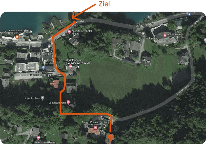 Luftbild mit eingezeichnetem Fußweg von der Pension zum Badestrand